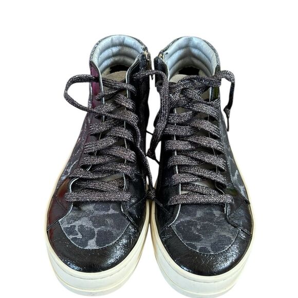 P448 SKATE HIGH TOP LEOPARD PRINT TEXTILE / LEATHER SNEAKERS SIZE 38 IN BLACK - Picture 2 of 10